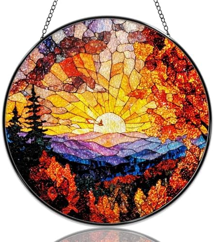 Stained Glass Window Hanging Mountain Sunrise Landscape Sun Catchers Autumn Forest Sunset Suncatchers Decorative for Home Garden Outdoor & Indoor Colorful Gift 9.8 Inch by Unknown