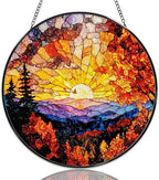 Stained Glass Window Hanging Mountain Sunrise Landscape Sun Catchers Autumn Forest Sunset Suncatchers Decorative for Home Garden Outdoor & Indoor Colorful Gift 9.8 Inch by Unknown