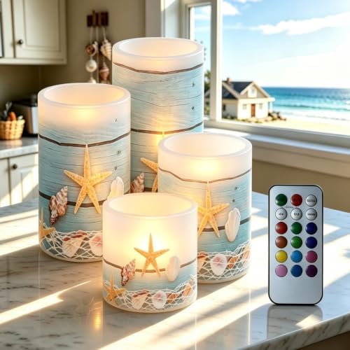 Flameless Light Candles Battery Operated Candles with Color Changing Timer Remote Control Fake Pillar Candle Tealights Home Indoor Beach Coastal Decoration, Starfish Shell Wood Grain by NETILGEN