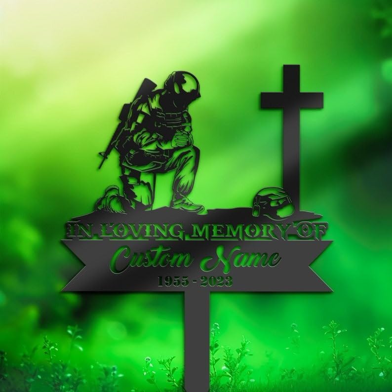 DINOMAN Personalized Memorial Plaques for Outdoors Soldier Kneeling at Cross Grave Marker Metal Garden Stakes Soldier Memorial Gifts Sympathy Gifts for Loss of Loved One (Soldier) - Image 2