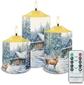 Cozeyat Christmas Decor Flameless Electric Candles with Remote, Christmas Cottage Elk Snowscape Design Ivory Pillar Battery Operated Candles with Dancing LED Flame,Warm Yellow Tea Lights Set of 3 by Cozeyat