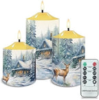 Cozeyat Christmas Decor Flameless Electric Candles with Remote, Christmas Cottage Elk Snowscape Design Ivory Pillar Battery Operated Candles with Dancing LED Flame,Warm Yellow Tea Lights Set of 3 by Cozeyat
