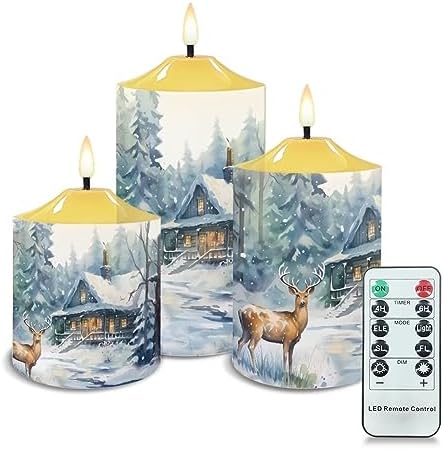 Cozeyat Christmas Decor Flameless Electric Candles with Remote, Christmas Cottage Elk Snowscape Design Ivory Pillar Battery Operated Candles with Dancing LED Flame,Warm Yellow Tea Lights Set of 3 by Cozeyat