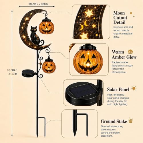 Solar Halloween Black Cat & Pumpkin Moon Garden Stake Light Halloween Decor - Image 7