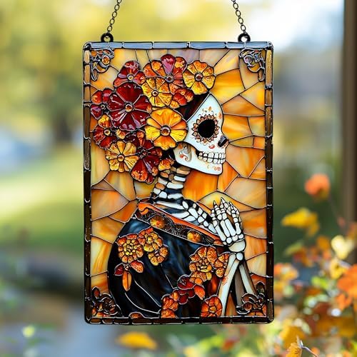 Skeleton Lady & Marigold Flowers Acrylic Suncatcher - Faux Stained Glass Indoor Window Hanging Ornament, Outdoor Sun Catcher Panel, Home Decor Gift for Halloween Lovers by Unknown