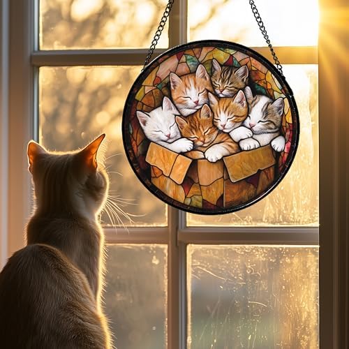 Sleeping Kittens Stained Glass Window Hanging Suncatcher Gifts 12" - Image 2