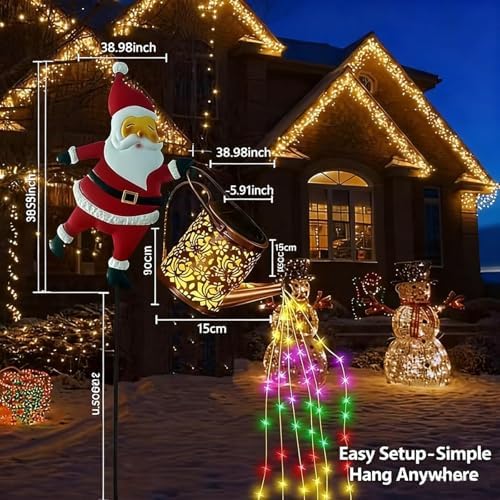 Christmas Solar Kettle Lights Garden Lawn Decorative Lights, Waterproof Hanging Christmas Santa Solar Kettle Light, Watering Can with Cascading Lamp, Stake for Garden Decor (Rainbow Light, 2 Pcs) - Image 7