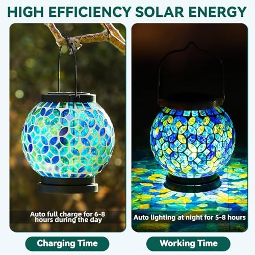 VOREEN Mosaic Solar Lanterns, Handmade Outdoor Glass Hanging Light, Waterproof Solar Table Lamp, Gift for Mom Wife Friend, Decor for Garden, Patio, Yard, Balcony, Green & Yellow, Leaves Pattern - Image 3