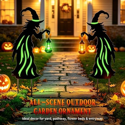 Halloween Decorations Outdoor,Metal Yard Witch Stake with Solar Lantern - Image 6