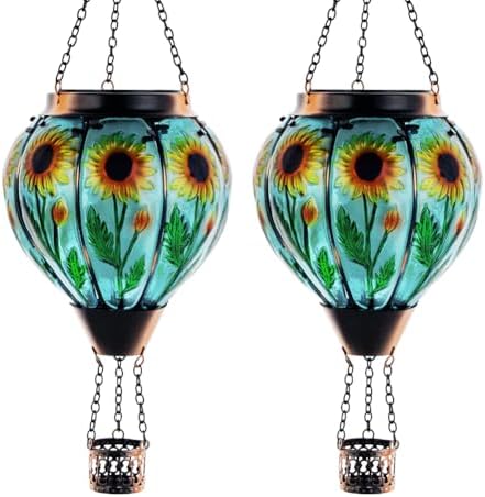 Starsoul 2 PC Sunflowers Hot Air Balloon Solar Lantern with Flame Glass Hanging Outdoor Hot Air Balloon Solar Light Waterproof Garden Patio Yard Party Decorations by Starsoul