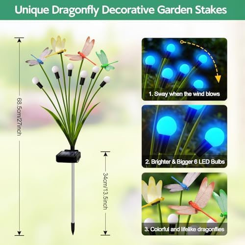 6 Pack Dragonfly Solar Garden Lights Outdoor, 36 LEDs Solar Firefly Lights - Image 2