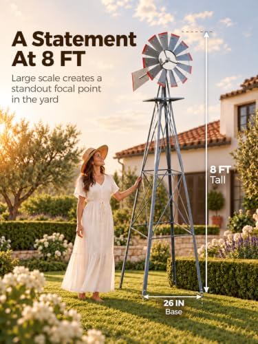 8FT Windmill for Yard Garden Decoration with Weather Vanes，Heavy Duty Outdoor Wind Mills, Large Metal Outdoor Windmill,Weather Resistant,Gray - Image 3