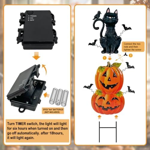 Outdoor Halloween Decorations,Metal Black Cat & Jack'O Lighted Timer Stakes - Image 6