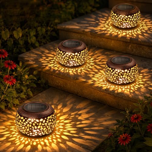 Solar Lanterns Outdoor Waterproof, 4 Pack Flower Petal Solar Garden Lights with 2 Lighting Colors, Vintage Metal Outdoor Patio Garden Decor - Unique Gifts for Women Mom Sisters Birthday by BONLION