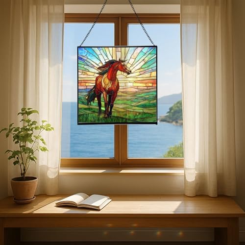 Bay Lusitano Horse Standing ATOP Hill at Sunset Square Suncatcher – Stained Glass Style Window Panel with Pastoral Scene, Custom Decorative Hanging Art for Equestrian Home, Christmas nJns2w - Image 6