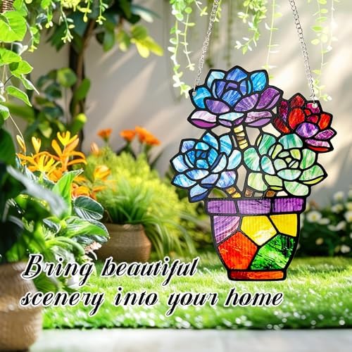 Plant Suncatcher Glass, Stained Glass Suncatcher Plant Window Hanging, Unique Nature Lover Gifts Leaf Idea (Succulent) - Image 4