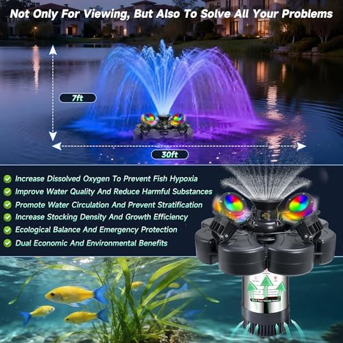 RELIY Pond Fountain Aerator, With 4 RGB Lights 1HP 110V 15000 GPH Stainless Steel Fountain Pump, Fully Automatic Powerful Lake Floating Fountain, 100 FT Power Cord, Programmable Timer Switch - Image 5