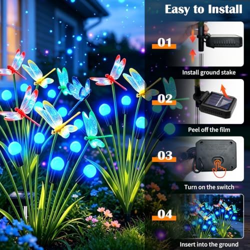 VOOKRY Dragonfly Solar Garden Lights Outdoor (8 Pack, 48 LEDs), Dragonfly Outdoor Decor with Solar Firefly Lights Waterproof Swaying Light for Yard Patio Pathway Lawn Gardening Gift for Women, Blue - Image 5