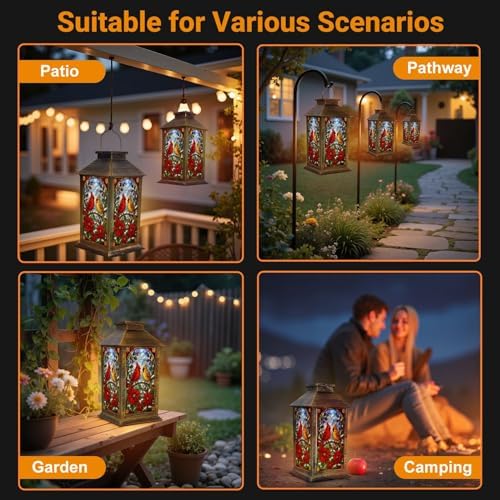 Solar Lantern Outdoor Waterproof Cardinals Branch Stained Glass Style Poinsettia Flowers Winter Berries Garden Decor LED Hanging Solar Lights Tabletop Lamp Gifts for Women Mom Outside Yard Patio Porch - Image 6