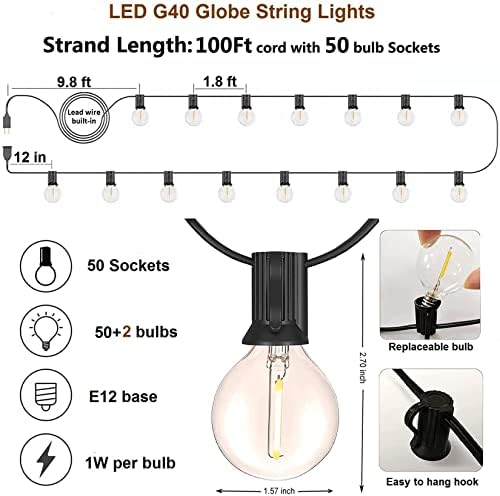 100FT Outdoor Globe String Lights LED Waterproof G40 String Lights Connectable with 52 Shatterproof Bulbs Dimmable Patio Lights String for Bistro Backyard Gazebo Lights - Image 3