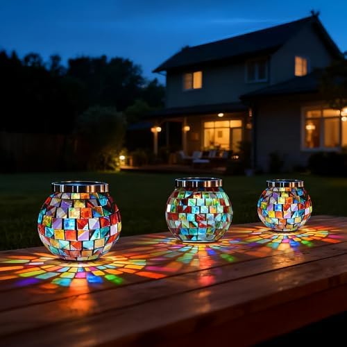 Cooo 2 Pack Gift for her him Landscape Lighting Path Lights Heavy Solar Mosaic Lantern with RGB Color-Changing Light – Dual Solar Panels, Red Amber Glass Tiles, Waterproof Outdoor - Image 4