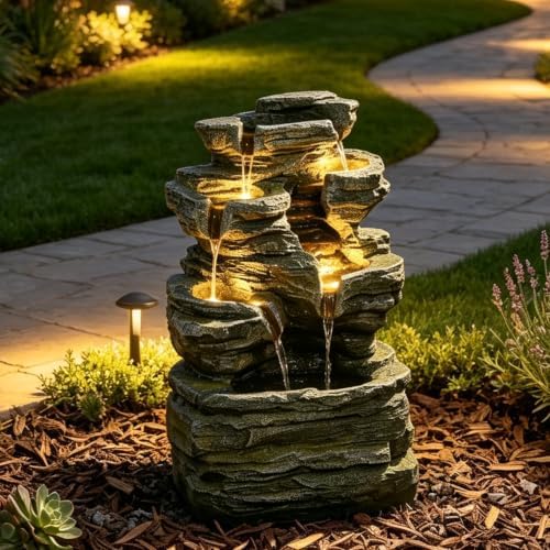 Solar Rock Waterfall Fountain Outdoor, Resin Cascading Garden Water Feature with Multi-Stream Flow for Patio Backyard Yard Décor, Solar Water Fountain - Image 5