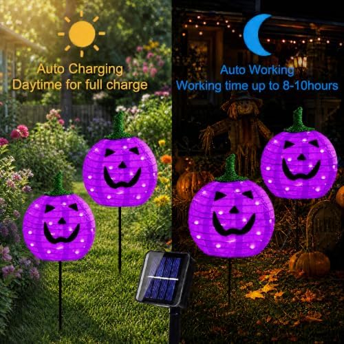 Solar Halloween Pumpkin Lights, 2 Pack Purple Pathway Stake Lights - Image 4