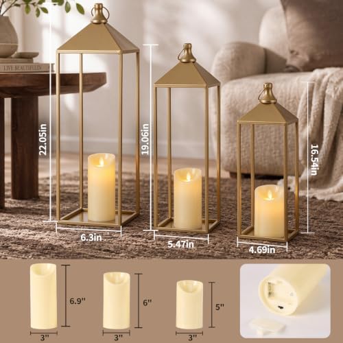 3 Pcs Large Gold Decorative Lanterns with Candles, Metal Candle Lantern - Image 2