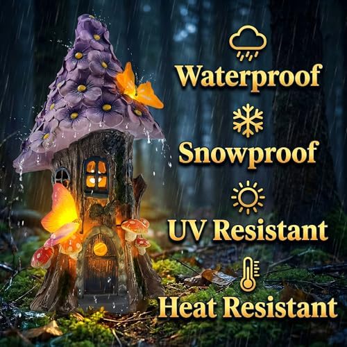 COWOS Mushroom House Statue, Garden Decor Outdoor Solar Statues, Solar Garden Statue Lights, Fairy Garden Decorations, Mushroom Fairy House Figurine with Butterflies and Flowers for Yard Decor - Image 6