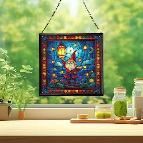 Lantern Festival Gnome Stained Glass Suncatcher – Square Hanging Window Panel for Home or Greenhouse – Whimsical Glass Art Gift for Garden Lovers, Christmas, Halloween, Father Days GMYY93 - Image 2