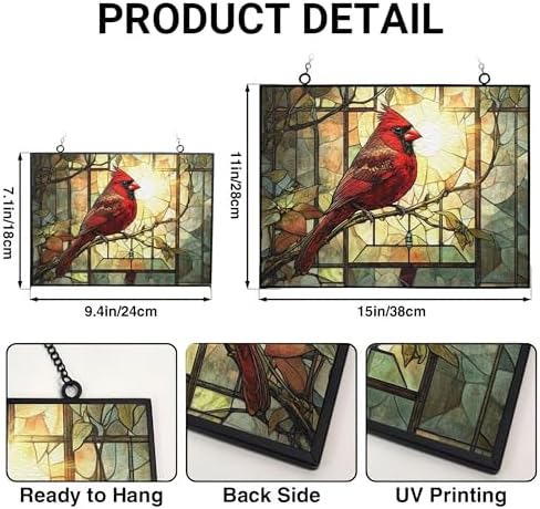 Vintage Cardinal On Branch Stained Glass Window Hanging, Colorful Sun Catchers Glass Panel Rectangle Suncatcher Decor for Birthday for Women, Men, Wife, Aunt, and Mom 15"x11" - Image 3