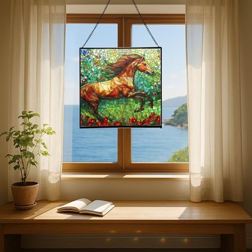 Brown Dutch Warmblood Horse Galloping Along Wild Hedgerow Square Suncatcher – Stained Glass Style Window Panel with Pastoral Scene, Custom Decorative Hanging Art for Equestrian Home, Christmas 3wkf38 - Image 5