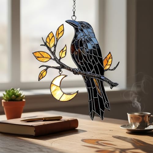 Raven Moon Acrylic Suncatcher - Faux Stained Glass Indoor Window Hanging Ornament, Outdoor Sun Catcher Panel, Home Decor Gift for Bird Lovers - Image 2