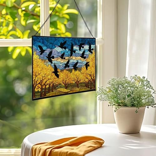 Crows Flying Over Autumn Orchard Rectangular Stained Glass Suncatcher – Hanging Window Panel with Animal & Nature Scene – Vibrant Glass Art Gift for Wildlife, Fantasy, Nature Lovers n5K17Y - Image 2