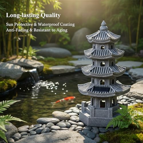 Pagoda Garden Statue Solar Powered Pagoda Lantern Resin Outdoor Zen Japanese Garden Decor for Balcony, Patio, Porch, Yard 11.4x4.7x4.7 inch Grey - Image 6