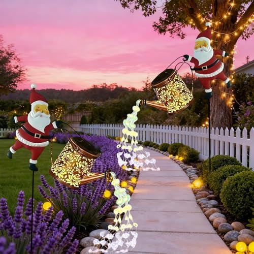 Christmas Solar Kettle Lights Garden Lawn Decorative Lights, Waterproof Hanging Christmas Santa Solar Kettle Light, Watering Can with Cascading Lamp, Stake for Garden Decor (B Rainbow, 2 Pcs) by Unknown