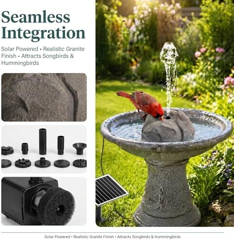 Solar Fountain for Bird Bath with Anti-Dry Protection, Resin Rock Solar Powered Bird Bath Bubbler Pump with 10 Nozzles, Realistic Stone Water Feature for Outdoor Garden Pond and Patio Decor (Gray) - Image 3
