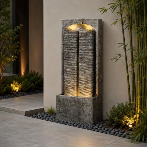 Polibi 39" H Outdoor Water Fountain Cascading LED Lights, Freestanding Resin Fiberglass Water Feature with Quiet Pump, Weatherproof Garden Waterfall for Patio Porch Lawn Backyard Indoor Outdoor, Grey by Polibi
