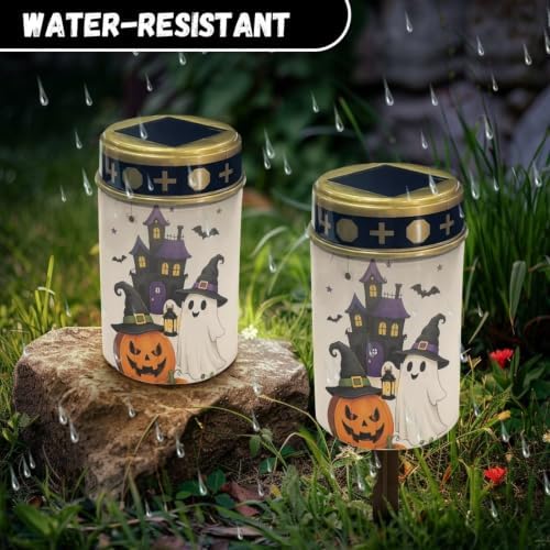 Poceacles Solar Lights Outdoor Solar Powered Outdoor Cemetery Stake Candle Grave Lamp Landscape Lighting Halloween Grave Flameless Candle, Pumpkin Ghost Print Beige, Pack of 2 - Image 6