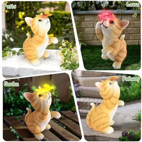 Solar Garden Statue Cat Figurine,Resin Outdoor Decor for Patio Yard - Image 3