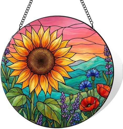 9.84 Inch Stained Glass Window Hanging Sunflowers Suncatcher for Garden by Unknown