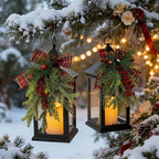 Christmas Decorative Lantern with LED Candle – Black Holiday Lantern with Pinecones, Red Bow – Battery Operated Christmas Table Centerpiece for Indoor/Outdoor Decor(1pack) - Image 6
