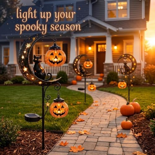 Solar Halloween Black Cat & Pumpkin Moon Garden Stake Light,2-in-1 Waterproof Outdoor LED Yard Decor with Hanging Lantern,Auto Dusk-to-Dawn Lawn Ornament for Pathway,Patio, Walkway (Black-P-2PCS) - Image 3