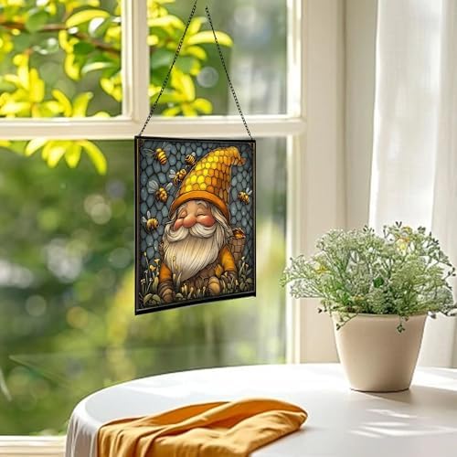 Bee Keeper Gnome Stained Glass Suncatcher – Square Hanging Window Panel for Home or Greenhouse – Whimsical Glass Art Gift for Garden Lovers, Christmas, Halloween, Father Days 1iRWQX - Image 3