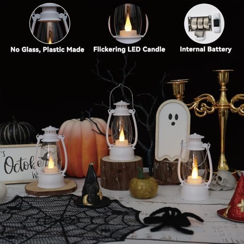 12Pcs Mini White Lanterns for Western Halloween Christmas – 6Inch Candle Lanterns with Flickering LED, Wedding Centerpiece Table Decorations, Camping Decor & Hanging Ornaments for Rustic Party - Image 3