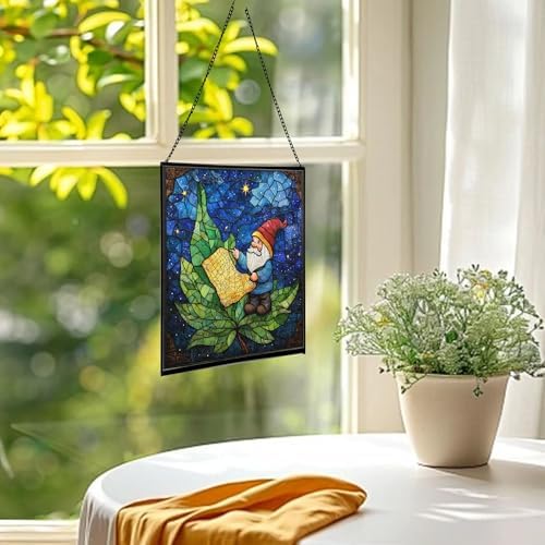 Gnome with Night Sky map Stained Glass Suncatcher – Square Hanging Window Panel for Home, Garden, Nursery, Halloween, Christmas, Memorial Day – Whimsical Glass Art Gift for Gnome Lovers cg43hu - Image 3