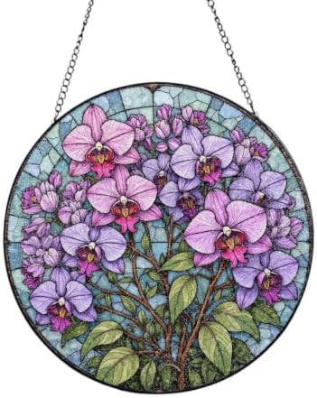 Orchids Blooming in Stained Glass Window Stained Glass Suncatcher 9.8 Inch by Unknown