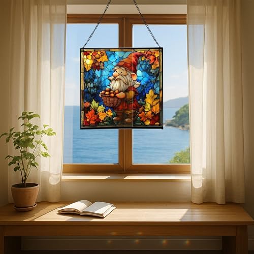 Gnome with Acorn Basket Stained Glass Suncatcher – Square Hanging Window Panel for Home or Greenhouse – Whimsical Glass Art Gift for Garden Lovers, Christmas, Halloween, Father Days XSKOKa - Image 6