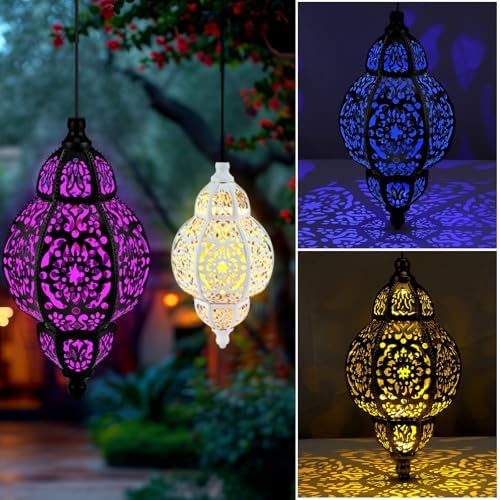 Aurelema 4 Pcs Hanging Solar Lights Moroccan Outdoor Decor Solar Lantern Waterproof Metal Moroccan Decorations for New Year Thanksgiving Patio Pathway Yard Porch Backyard Garden - Image 4