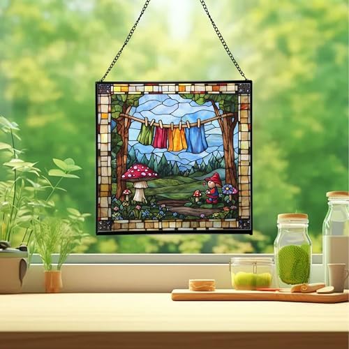 Gnome Hanging Laundry Stained Glass Suncatcher – Square Hanging Window Panel for Home, Garden, Nursery, Halloween, Christmas, Memorial Day – Whimsical Glass Art Gift for Gnome Lovers covd1h - Image 2